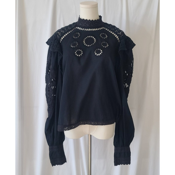 Farm Rio Womens Black Lace Eyelet Embroidered Blouse Top XS - Picture 5 of 9